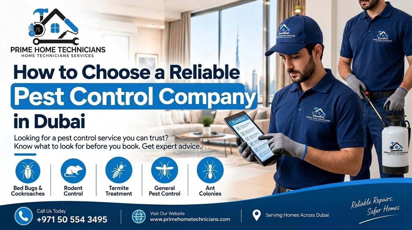 A professional pest control team servicing a Dubai apartment.