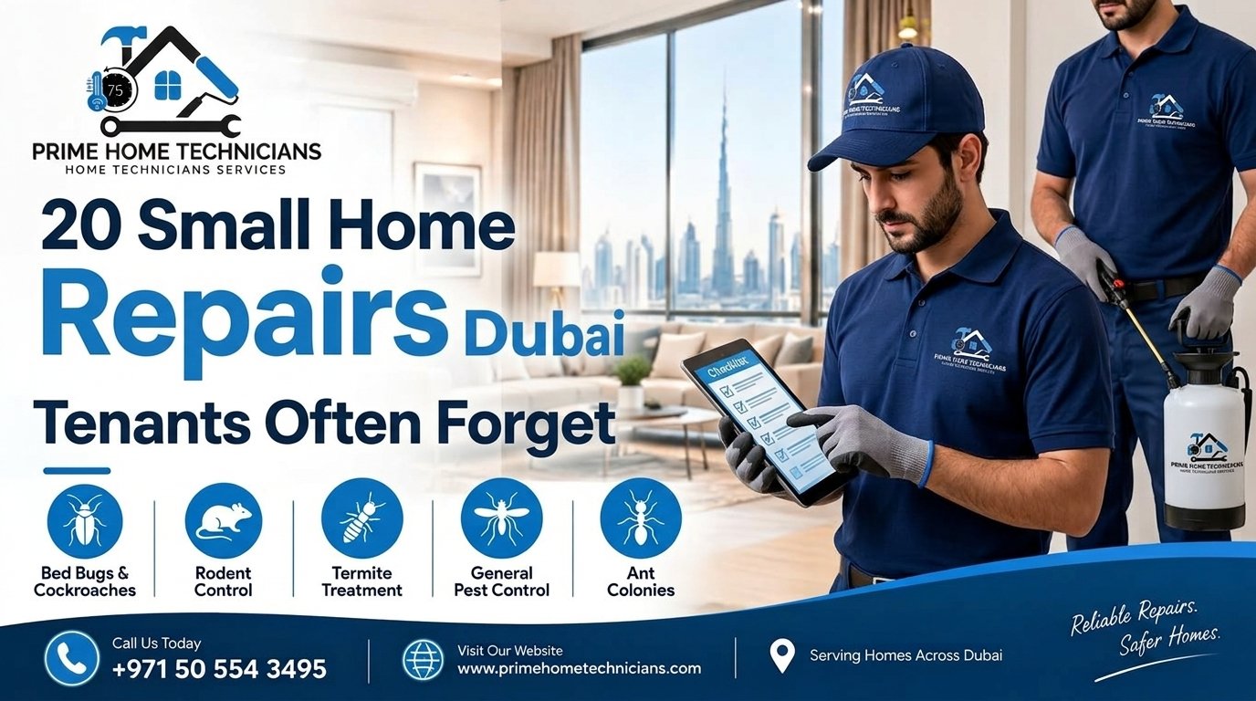 Technician checking home repair checklist in Dubai apartment.